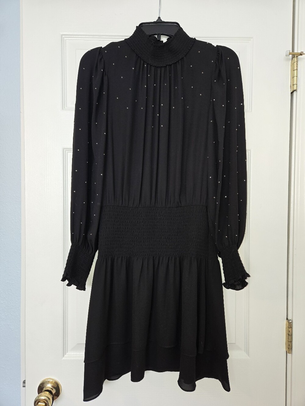 WHBM Black Long-Sleeve Smocked Waist Dress with Subtle Metallic Dots